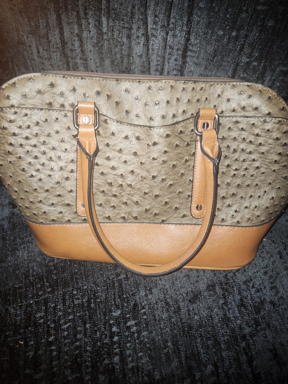 Two-Tone Ostrich-Texture Shoulder Tote in Olive and Tan
